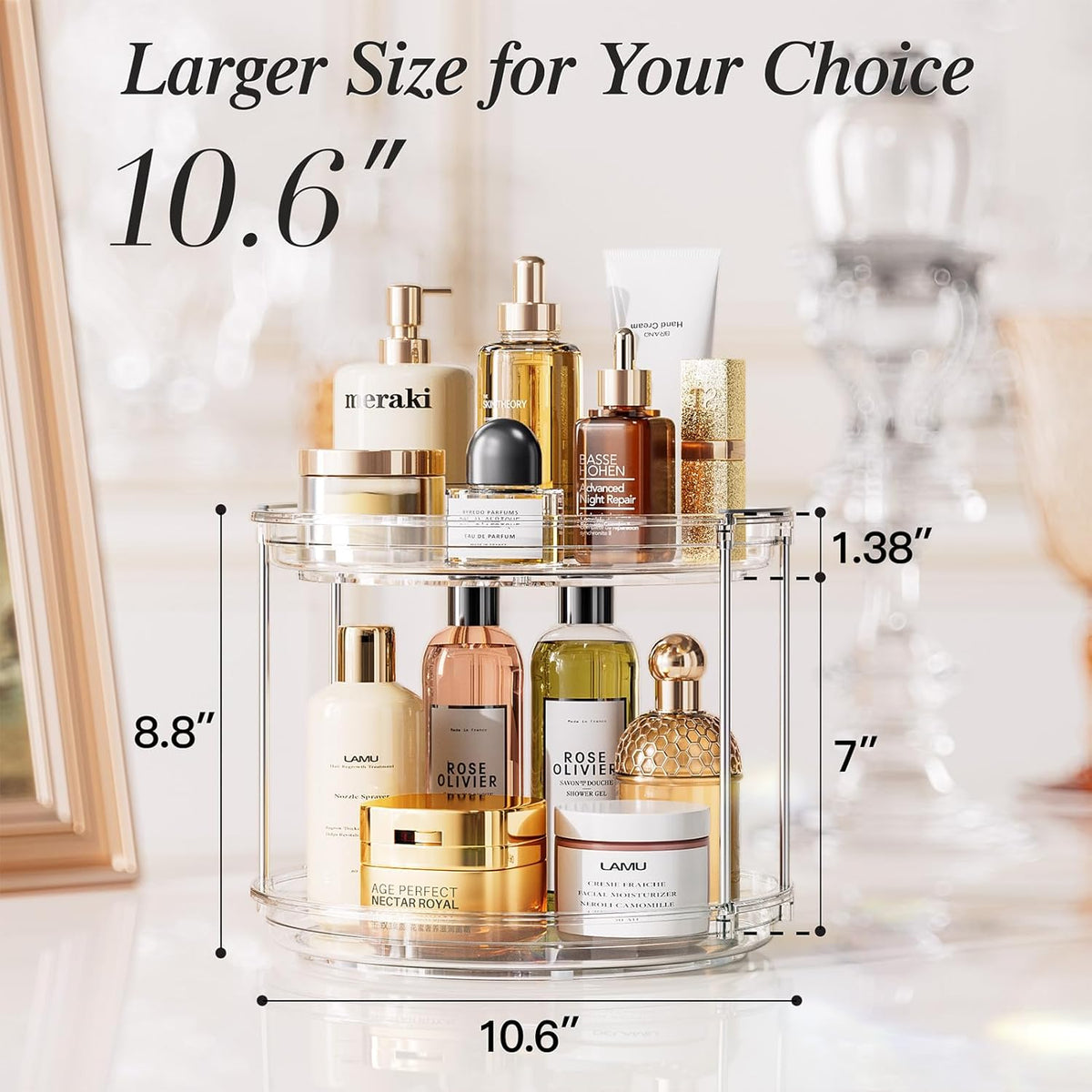 LAMU 2 Tier Lazy Susan Turntable Organizer 9.25'' Rotating Spice Rack Organization for Cabinet, Kitchen, Pantry, Countertop, Bathroom, Vanity, Medicine Cabinet Organizer, Clear