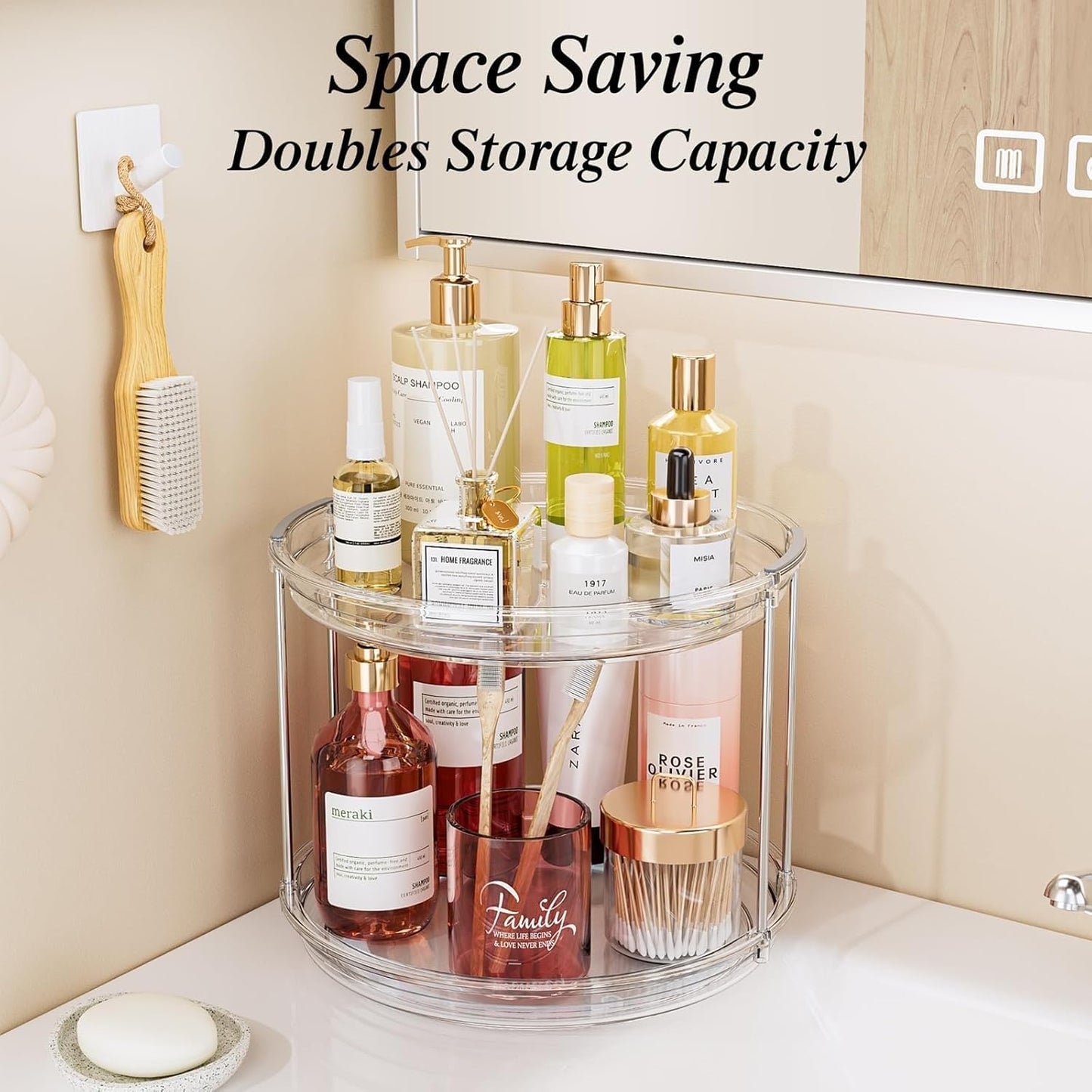 LAMU 2 Tier Lazy Susan Turntable Organizer 9.25'' Rotating Spice Rack Organization for Cabinet, Kitchen, Pantry, Countertop, Bathroom, Vanity, Medicine Cabinet Organizer, Clear
