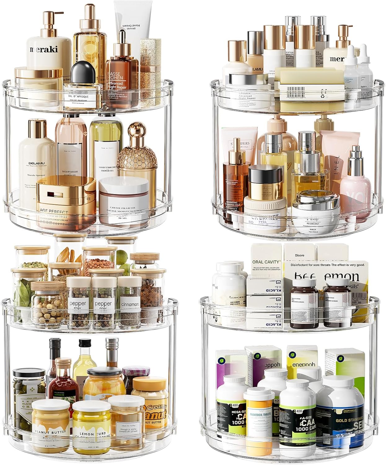 LAMU 2 Tier Lazy Susan Turntable Organizer 9.25'' Rotating Spice Rack Organization for Cabinet, Kitchen, Pantry, Countertop, Bathroom, Vanity, Medicine Cabinet Organizer, Clear