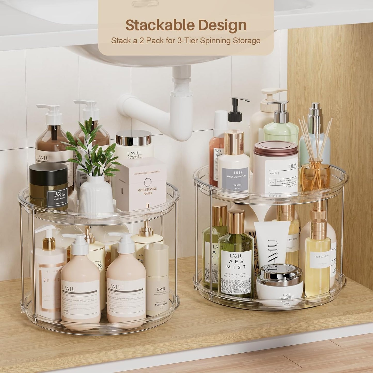 LAMU 2 Tier Lazy Susan Turntable Organizer 9.25'' Rotating Spice Rack Organization for Cabinet, Kitchen, Pantry, Countertop, Bathroom, Vanity, Medicine Cabinet Organizer, Clear