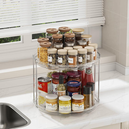 LAMU 2 Tier Lazy Susan Turntable Organizer 9.25'' Rotating Spice Rack Organization for Cabinet, Kitchen, Pantry, Countertop, Bathroom, Vanity, Medicine Cabinet Organizer, Clear