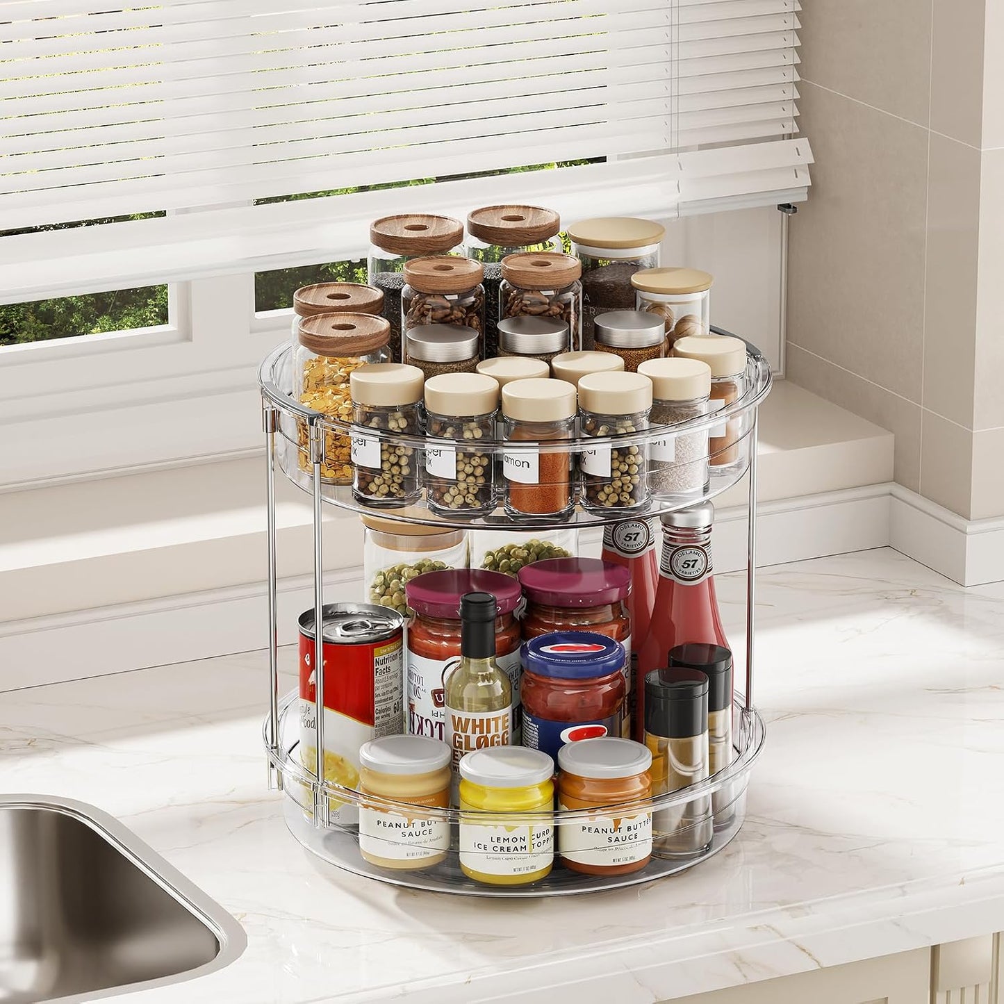 LAMU 2 Tier Lazy Susan Turntable Organizer 9.25'' Rotating Spice Rack Organization for Cabinet, Kitchen, Pantry, Countertop, Bathroom, Vanity, Medicine Cabinet Organizer, Clear