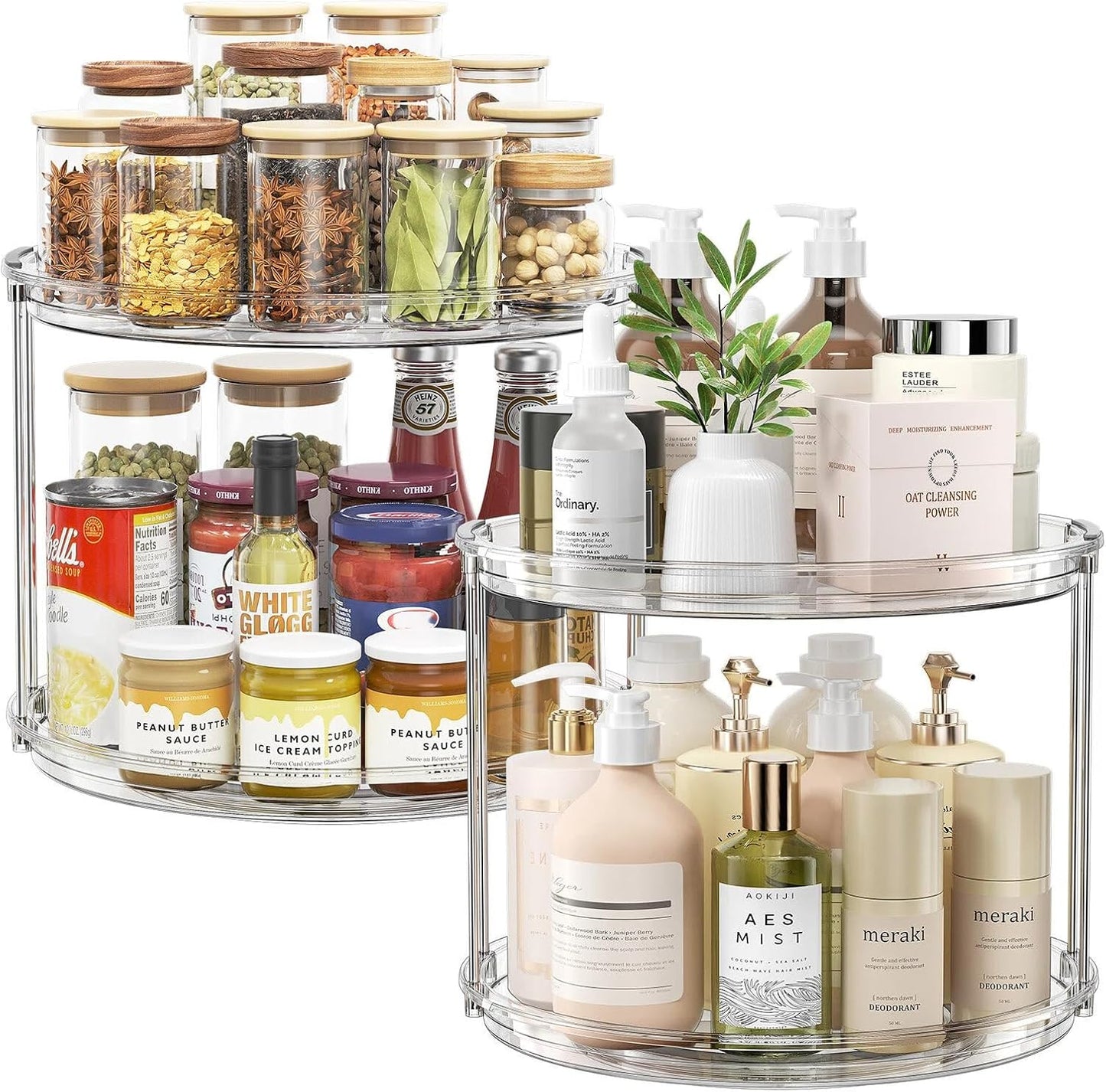 LAMU 2 Tier Lazy Susan Turntable Organizer 9.25'' Rotating Spice Rack Organization for Cabinet, Kitchen, Pantry, Countertop, Bathroom, Vanity, Medicine Cabinet Organizer, Clear