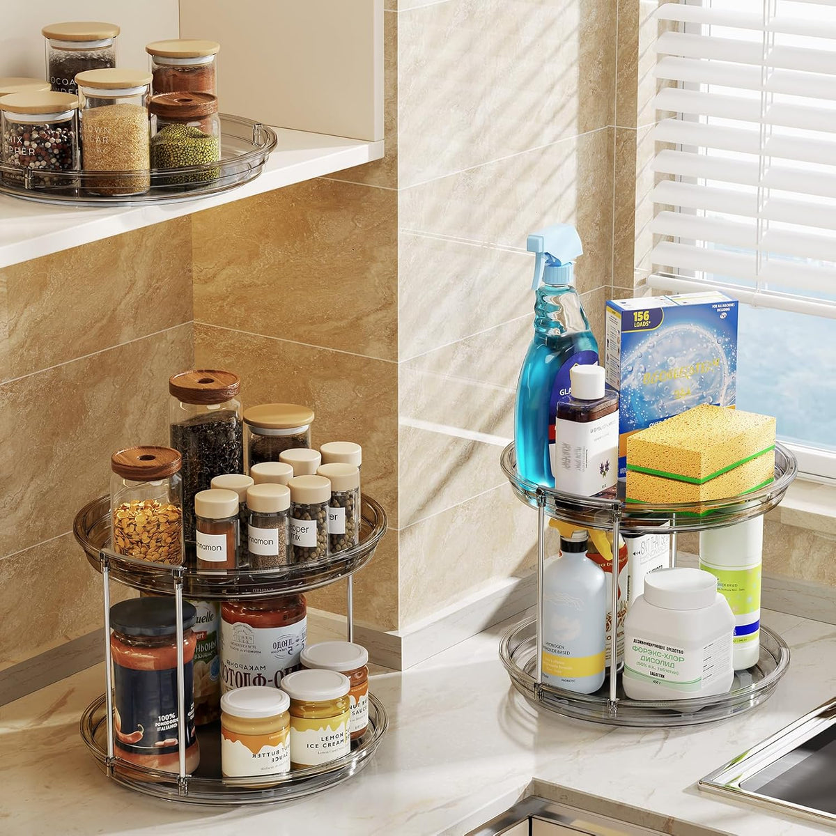 LAMU 2 Tier Lazy Susan Turntable Organizer 9.25'' Rotating Spice Rack Organization for Cabinet, Kitchen, Pantry, Countertop, Bathroom, Vanity, Medicine Cabinet Organizer, Clear