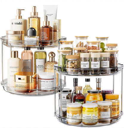 LAMU 2 Tier Lazy Susan Turntable Organizer 9.25'' Rotating Spice Rack Organization for Cabinet, Kitchen, Pantry, Countertop, Bathroom, Vanity, Medicine Cabinet Organizer, Clear