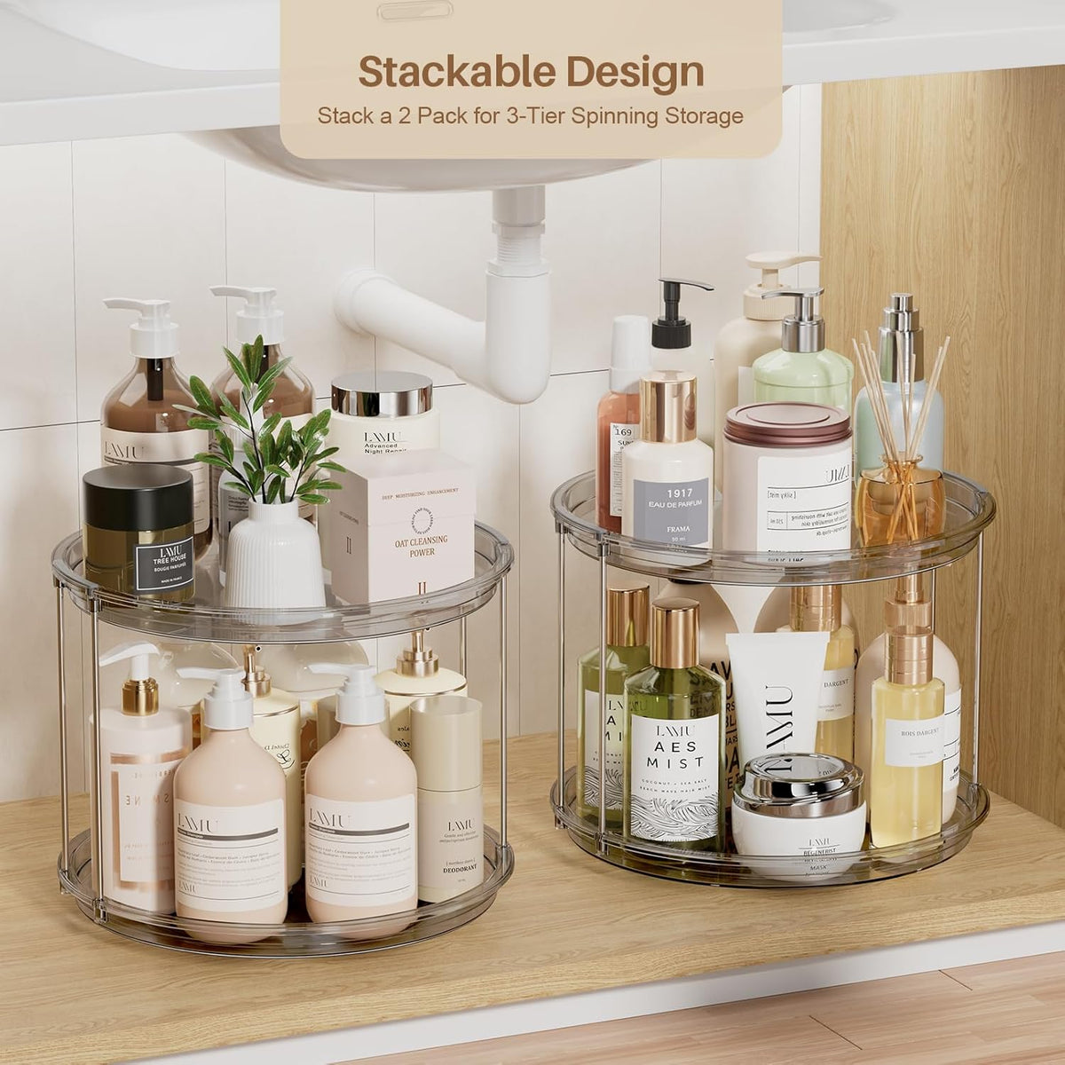 LAMU 2 Tier Lazy Susan Turntable Organizer 9.25'' Rotating Spice Rack Organization for Cabinet, Kitchen, Pantry, Countertop, Bathroom, Vanity, Medicine Cabinet Organizer, Clear