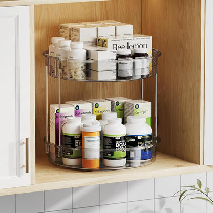 LAMU 2 Tier Lazy Susan Turntable Organizer 9.25'' Rotating Spice Rack Organization for Cabinet, Kitchen, Pantry, Countertop, Bathroom, Vanity, Medicine Cabinet Organizer, Clear
