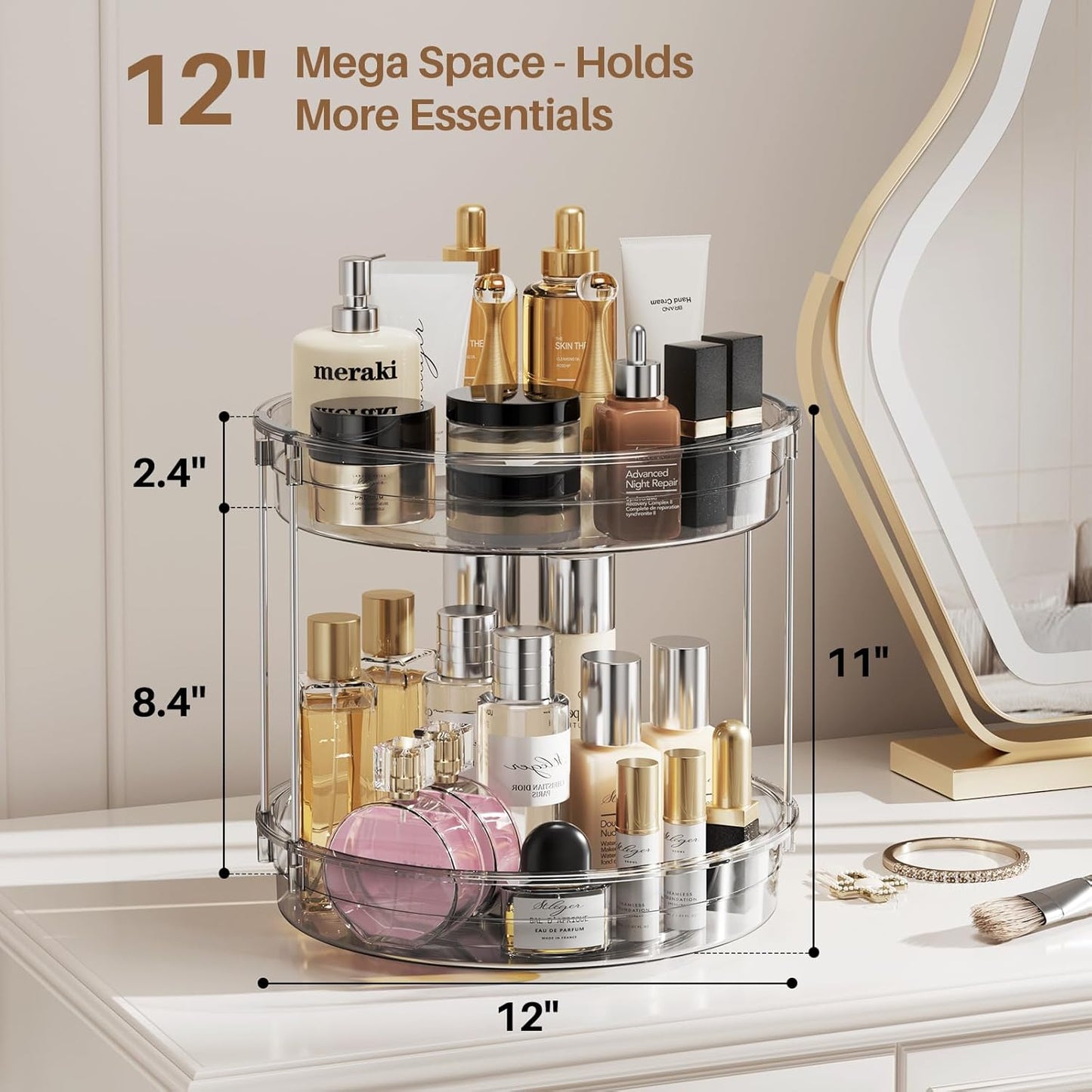 LAMU 2 Tier Lazy Susan Turntable Organizer 9.25'' Rotating Spice Rack Organization for Cabinet, Kitchen, Pantry, Countertop, Bathroom, Vanity, Medicine Cabinet Organizer, Clear