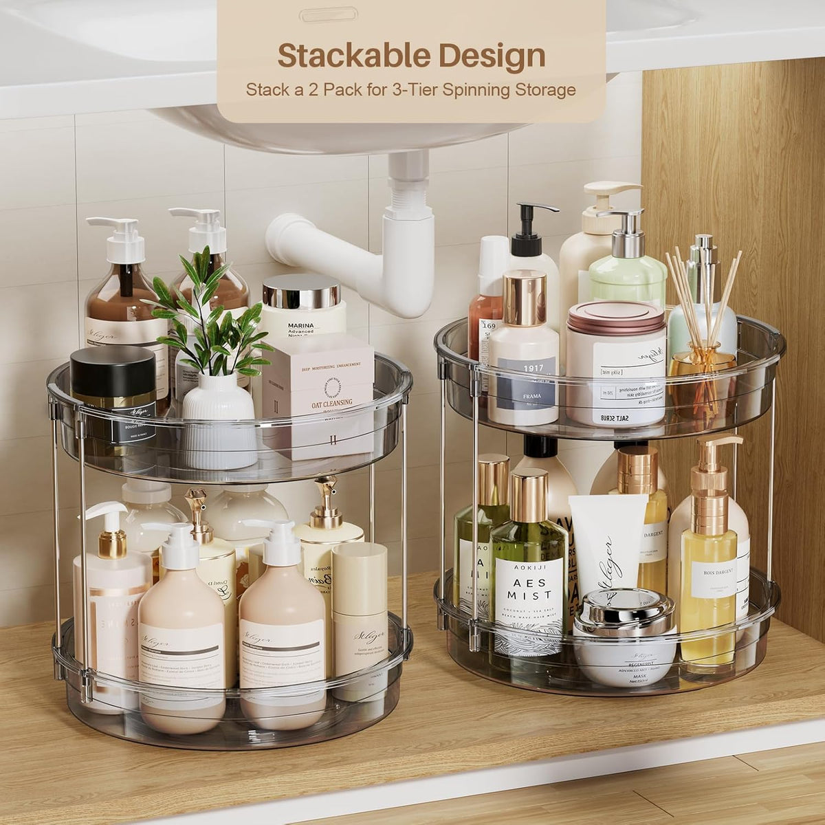 LAMU 2 Tier Lazy Susan Turntable Organizer 9.25'' Rotating Spice Rack Organization for Cabinet, Kitchen, Pantry, Countertop, Bathroom, Vanity, Medicine Cabinet Organizer, Clear