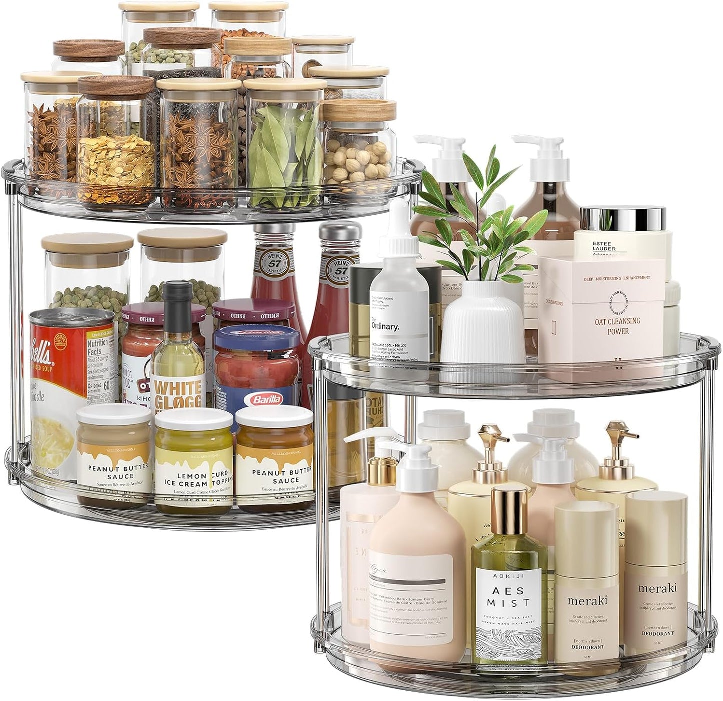 LAMU 2 Tier Lazy Susan Turntable Organizer 9.25'' Rotating Spice Rack Organization for Cabinet, Kitchen, Pantry, Countertop, Bathroom, Vanity, Medicine Cabinet Organizer, Clear