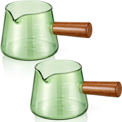 2 Pcs Espresso Cups, Espresso Shot Glasses with V-shaped Spouts and Handle, Small Cute Glass Measuring Cup, Milk Frothing Pitcher for Coffee Bar Accessories(4 OZ,Simple Style,Green)