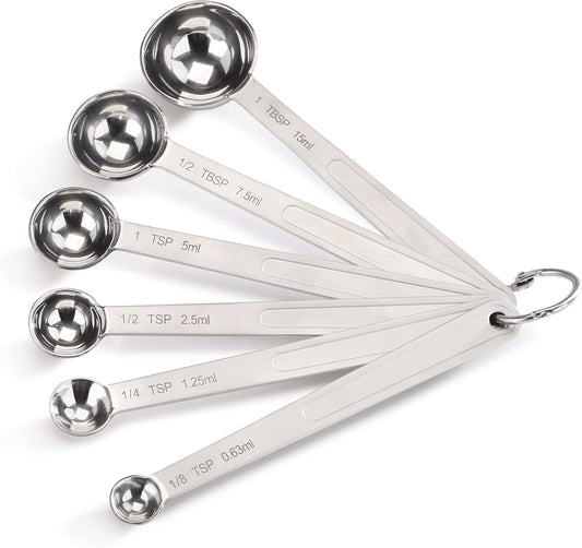 43112 Stainless Steel Measuring Spoons, Set of 6, Round Metal Measuring Spoon Set with Ring Hook for Baking, Cooking, Spices, Wet and Dry Ingredients, Silver