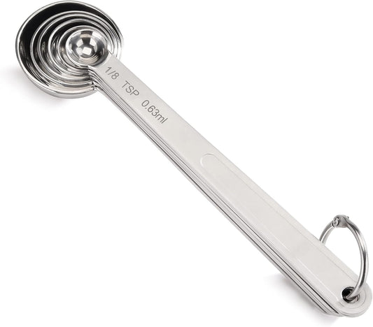 43112 Stainless Steel Measuring Spoons, Set of 6, Round Metal Measuring Spoon Set with Ring Hook for Baking, Cooking, Spices, Wet and Dry Ingredients, Silver