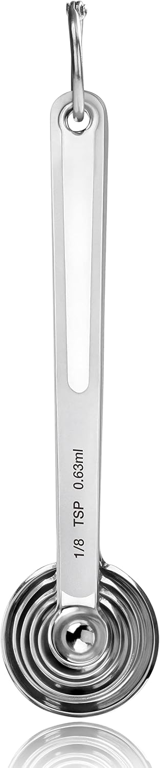 43112 Stainless Steel Measuring Spoons, Set of 6, Round Metal Measuring Spoon Set with Ring Hook for Baking, Cooking, Spices, Wet and Dry Ingredients, Silver