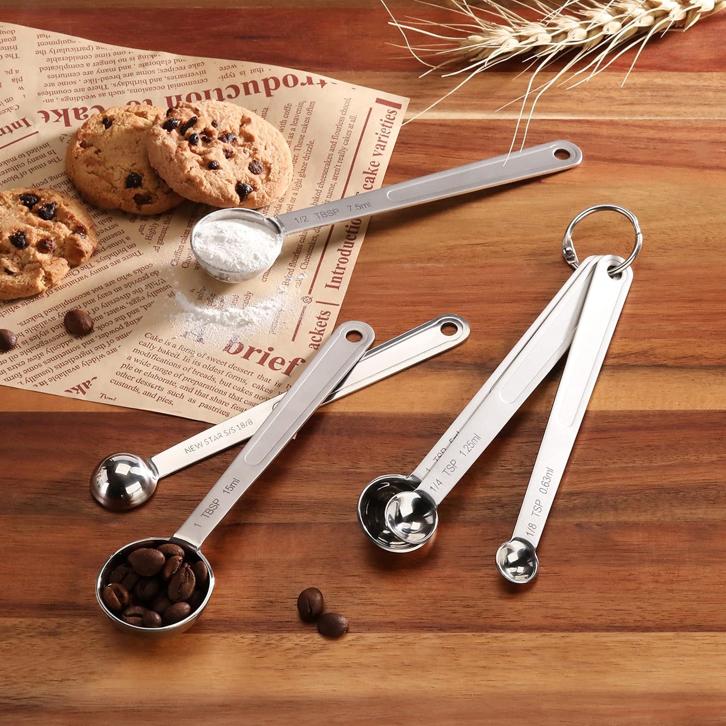 43112 Stainless Steel Measuring Spoons, Set of 6, Round Metal Measuring Spoon Set with Ring Hook for Baking, Cooking, Spices, Wet and Dry Ingredients, Silver