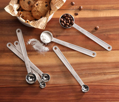 43112 Stainless Steel Measuring Spoons, Set of 6, Round Metal Measuring Spoon Set with Ring Hook for Baking, Cooking, Spices, Wet and Dry Ingredients, Silver