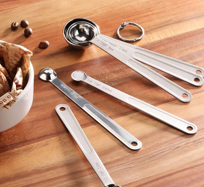 43112 Stainless Steel Measuring Spoons, Set of 6, Round Metal Measuring Spoon Set with Ring Hook for Baking, Cooking, Spices, Wet and Dry Ingredients, Silver