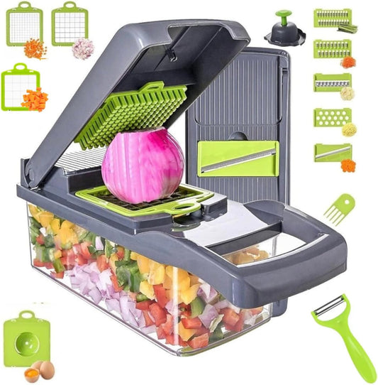 Frekia16 in 1 Vegetable Chopper Dicer With Container Mandoline Slicer Vegetable Cutter Onion Potato Fruit Food Manual Hand Cooking Gadget for kitchen Stainless Steel For 9 Blades salad kitchen tool