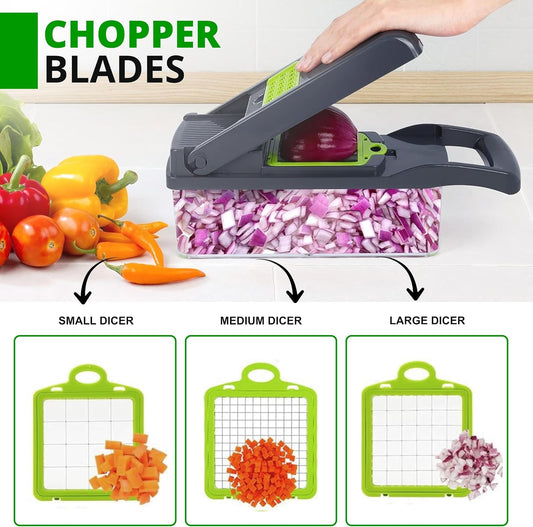Frekia16 in 1 Vegetable Chopper Dicer With Container Mandoline Slicer Vegetable Cutter Onion Potato Fruit Food Manual Hand Cooking Gadget for kitchen Stainless Steel For 9 Blades salad kitchen tool