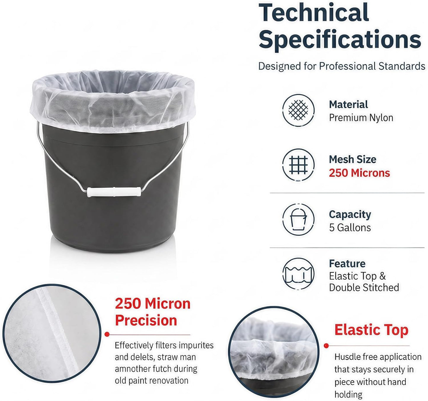 10PCS Paint Strainer Bag - 5 Gallon Paint Filter Strainer Bucket with Elastic Drawstring Top Opening Nylon Mesh Filter White Fine Mesh Bag for Gardening