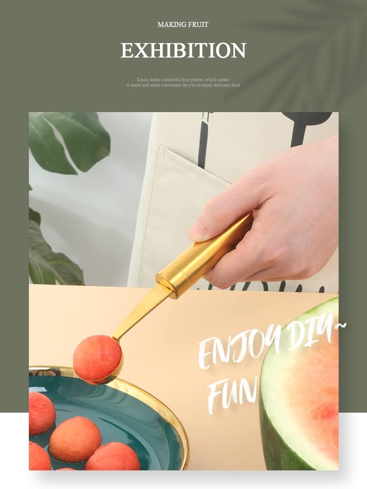 Stainless Steel Melon Ball Scoop Set,Stainless Steel Fruit Salad Scoop Spoon, for DIY Watermelon, Fruit Ice Cream -Gold