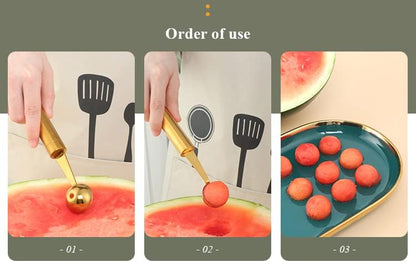 Stainless Steel Melon Ball Scoop Set,Stainless Steel Fruit Salad Scoop Spoon, for DIY Watermelon, Fruit Ice Cream -Gold
