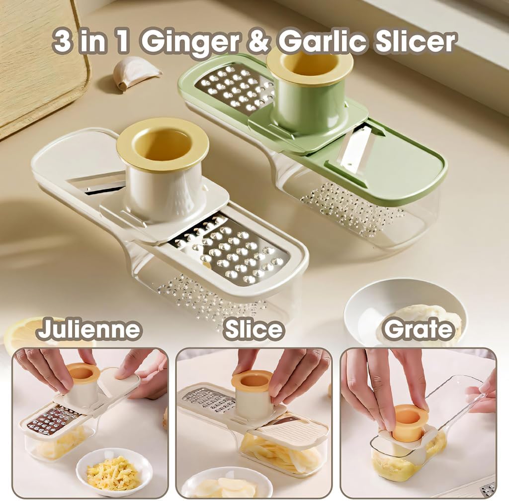 3 in 1 mini Ginger Garlic Grinder Super Thin, Multifunctional Mandoline slicer Grater with Hand Guard, Easy Grip Handheld Kitchen Tool, for Camping Cooking and Picnic (White)