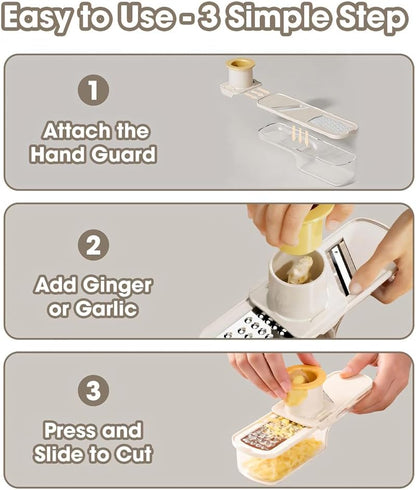 3 in 1 mini Ginger Garlic Grinder Super Thin, Multifunctional Mandoline slicer Grater with Hand Guard, Easy Grip Handheld Kitchen Tool, for Camping Cooking and Picnic (White)