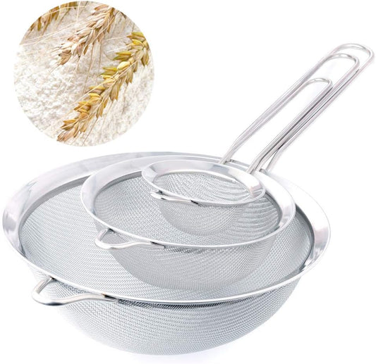 Kitchen Fine Mesh Strainers, 3 Pcs Stainless Steel Mesh Strainer with Handle, 2.7"+4.8"+7.1"- Ideal to Strain Pasta, Noodles, Quinoa, Tea, Sift & Sieve Flour & Powdered Sugar