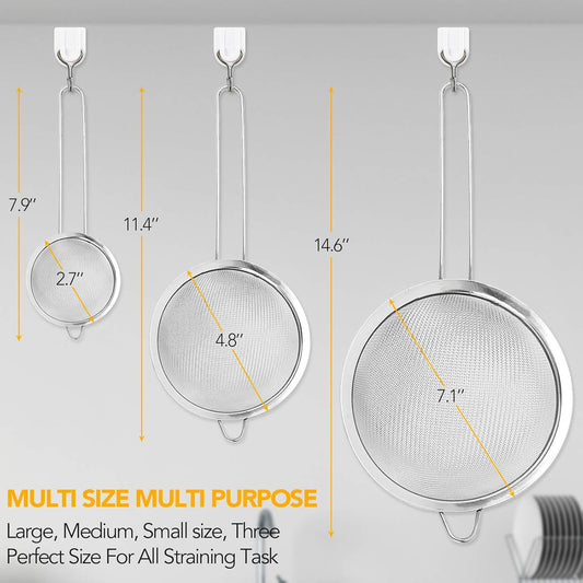 Kitchen Fine Mesh Strainers, 3 Pcs Stainless Steel Mesh Strainer with Handle, 2.7"+4.8"+7.1"- Ideal to Strain Pasta, Noodles, Quinoa, Tea, Sift & Sieve Flour & Powdered Sugar