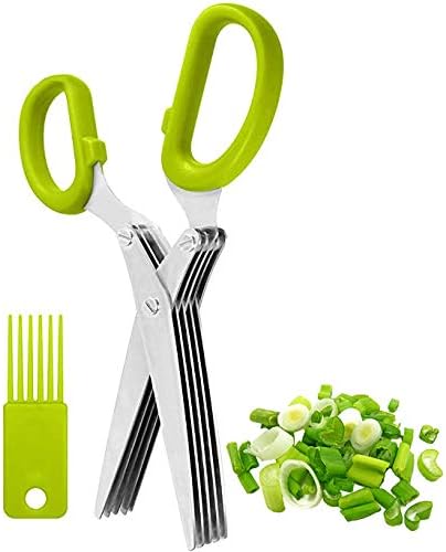 Herbal Scissors Stainless Steel 5 Blade Kitchen Scissors Mince Fresh Herbs & Leafy Greens Kitchen Gadgets Herb Cutter whit Cleaning Comb (Green)