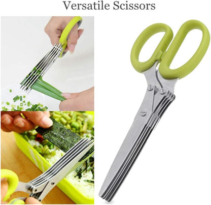 Herbal Scissors Stainless Steel 5 Blade Kitchen Scissors Mince Fresh Herbs & Leafy Greens Kitchen Gadgets Herb Cutter whit Cleaning Comb (Green)