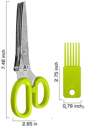 Herbal Scissors Stainless Steel 5 Blade Kitchen Scissors Mince Fresh Herbs & Leafy Greens Kitchen Gadgets Herb Cutter whit Cleaning Comb (Green)