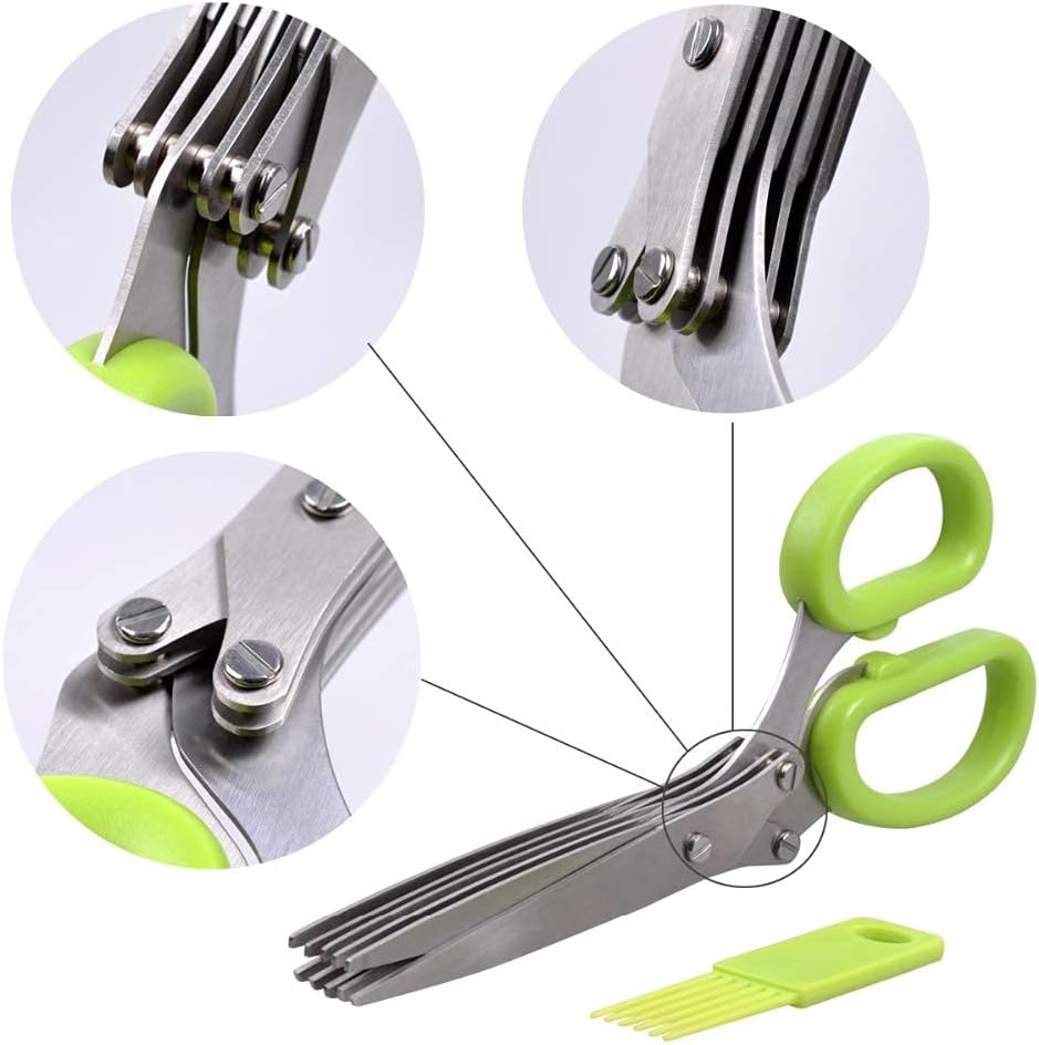 Herbal Scissors Stainless Steel 5 Blade Kitchen Scissors Mince Fresh Herbs & Leafy Greens Kitchen Gadgets Herb Cutter whit Cleaning Comb (Green)