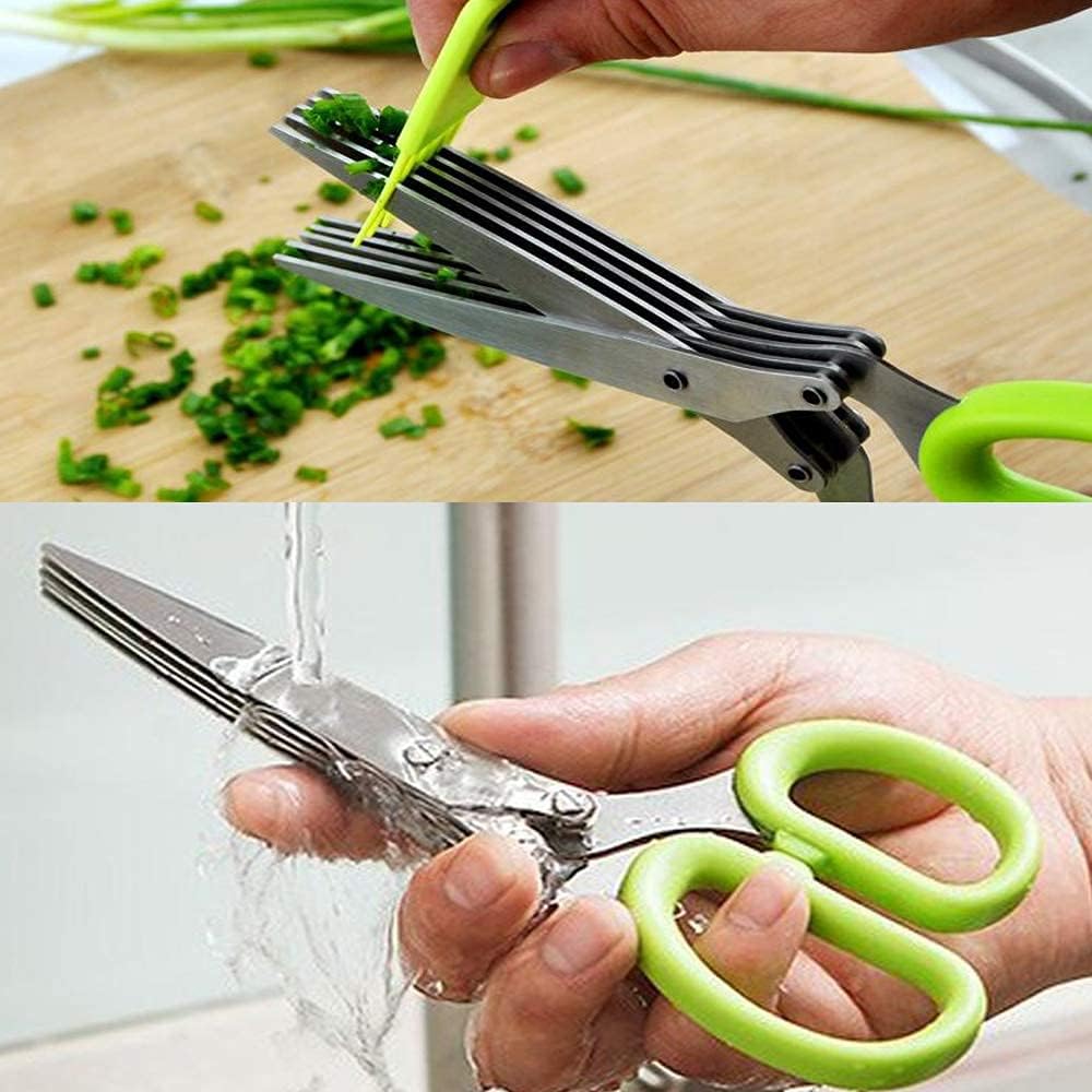 Herbal Scissors Stainless Steel 5 Blade Kitchen Scissors Mince Fresh Herbs & Leafy Greens Kitchen Gadgets Herb Cutter whit Cleaning Comb (Green)