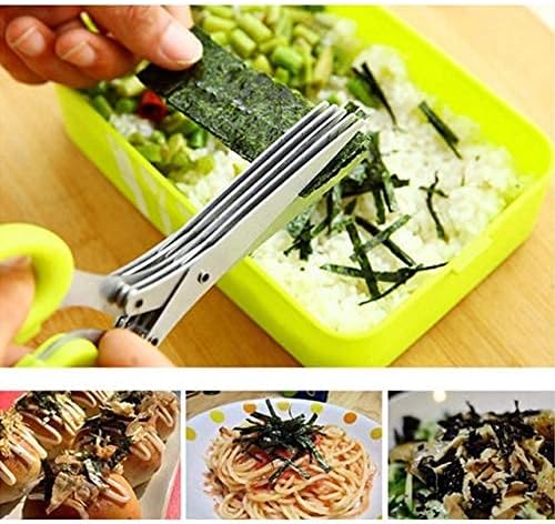 Herbal Scissors Stainless Steel 5 Blade Kitchen Scissors Mince Fresh Herbs & Leafy Greens Kitchen Gadgets Herb Cutter whit Cleaning Comb (Green)