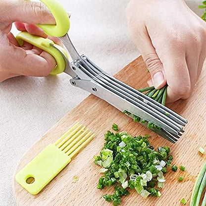 Herbal Scissors Stainless Steel 5 Blade Kitchen Scissors Mince Fresh Herbs & Leafy Greens Kitchen Gadgets Herb Cutter whit Cleaning Comb (Green)