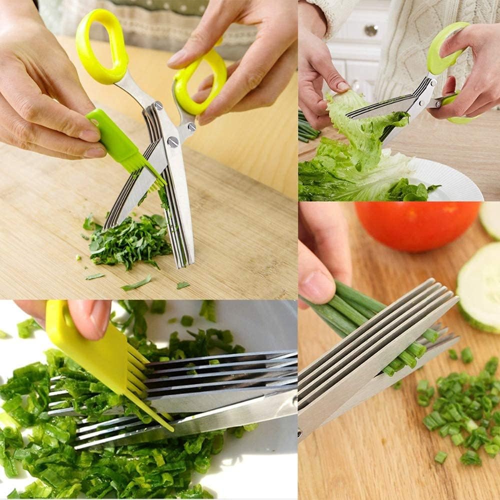 Herbal Scissors Stainless Steel 5 Blade Kitchen Scissors Mince Fresh Herbs & Leafy Greens Kitchen Gadgets Herb Cutter whit Cleaning Comb (Green)
