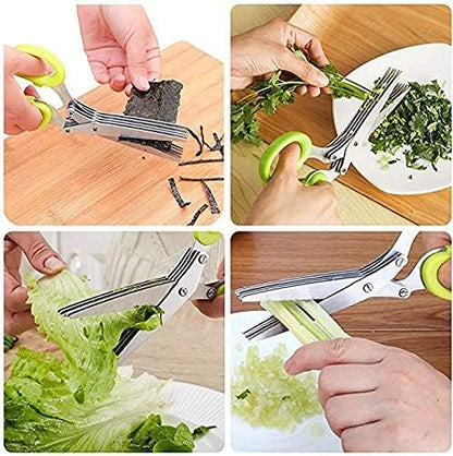 Herbal Scissors Stainless Steel 5 Blade Kitchen Scissors Mince Fresh Herbs & Leafy Greens Kitchen Gadgets Herb Cutter whit Cleaning Comb (Green)