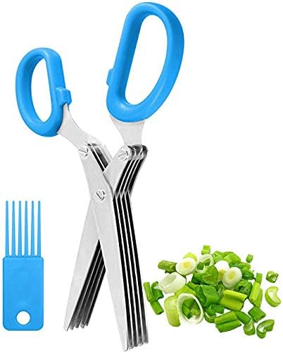 Herbal Scissors Stainless Steel 5 Blade Kitchen Scissors Mince Fresh Herbs & Leafy Greens Kitchen Gadgets Herb Cutter whit Cleaning Comb (Green)