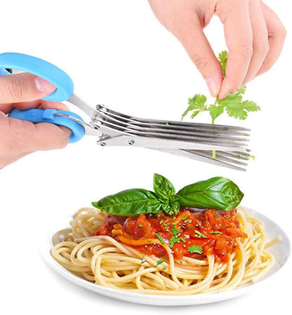 Herbal Scissors Stainless Steel 5 Blade Kitchen Scissors Mince Fresh Herbs & Leafy Greens Kitchen Gadgets Herb Cutter whit Cleaning Comb (Green)