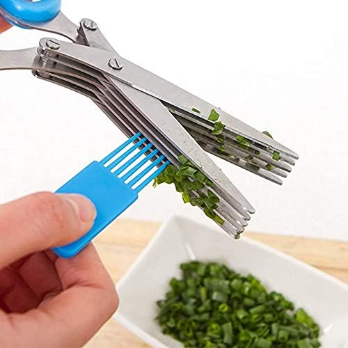 Herbal Scissors Stainless Steel 5 Blade Kitchen Scissors Mince Fresh Herbs & Leafy Greens Kitchen Gadgets Herb Cutter whit Cleaning Comb (Green)