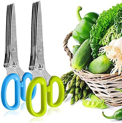 Herbal Scissors Stainless Steel 5 Blade Kitchen Scissors Mince Fresh Herbs & Leafy Greens Kitchen Gadgets Herb Cutter whit Cleaning Comb (Green)
