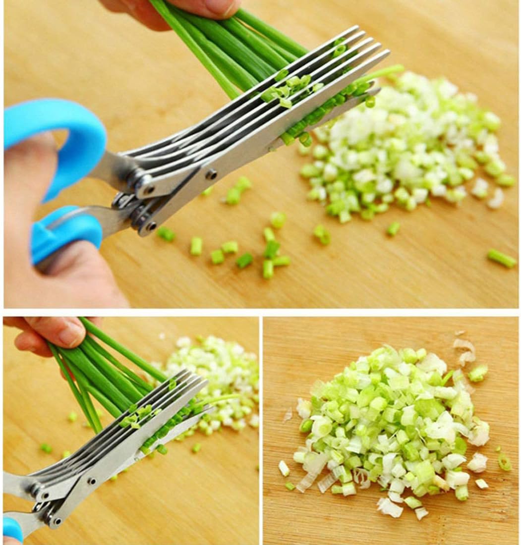Herbal Scissors Stainless Steel 5 Blade Kitchen Scissors Mince Fresh Herbs & Leafy Greens Kitchen Gadgets Herb Cutter whit Cleaning Comb (Green)
