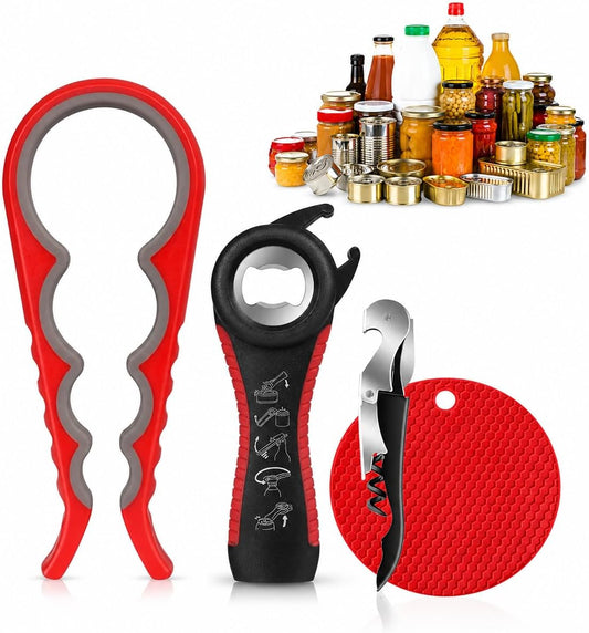 Jar Opener for Seniors with Arthritis 4PC-Set Jar Lid Can & Water Bottle Openers for Weak Hands | Kitchen Essentials for Home Gadgets Gifts for Elderly | Non-Slip Silicone Rubber Gripper Pad