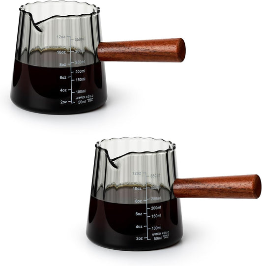 Glass Measuring Cup, 12oz Pour Over Coffee Maker with Wood Handle, Creative V-Shaped Spout Creamer Milk Frothing Pitcher Coffee Carafe Server (2-Gray)