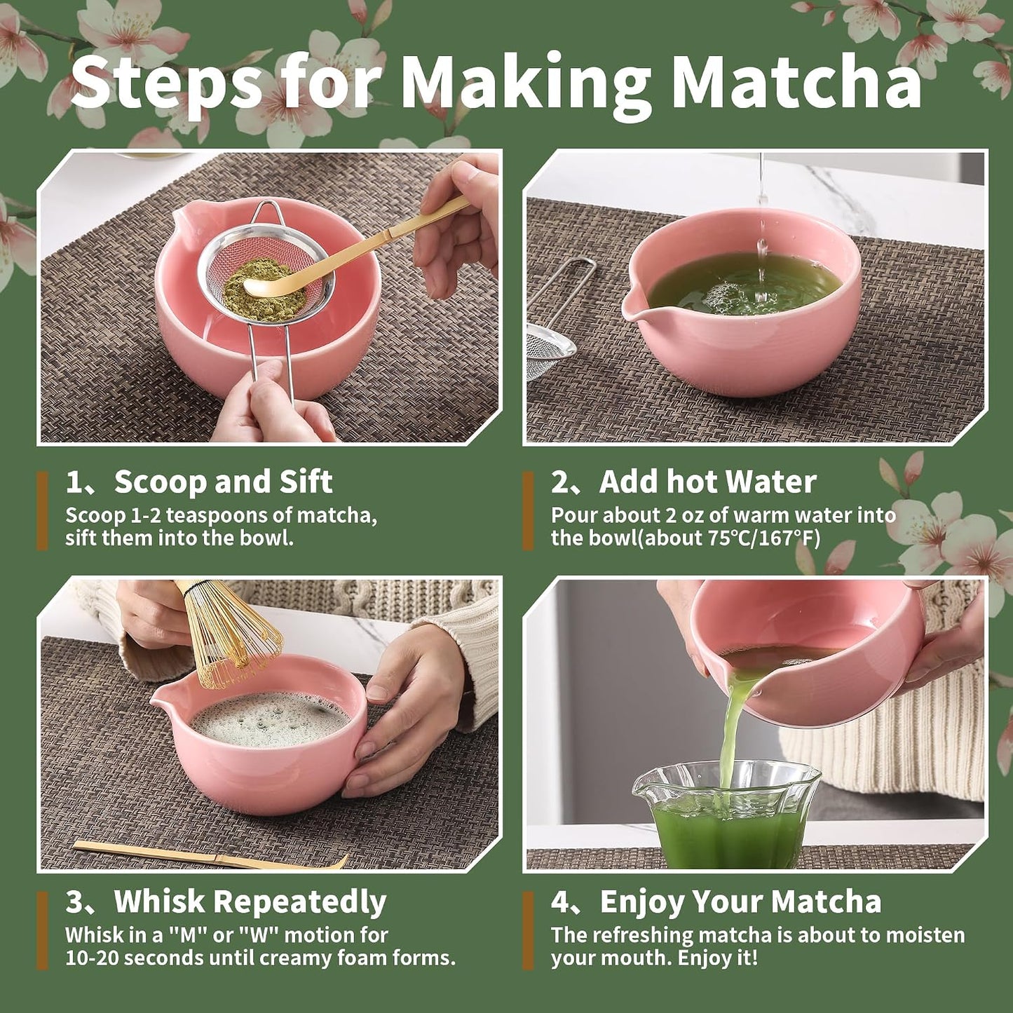 Matcha Whisk Set, 5 Pcs Ceramic Matcha Set, Matcha Kit Set Includes Matcha Bowl, Matcha Whisk and Holder, Bamboo Scoop and Sifter, Matcha Tea Set, Ideal Gift for Family/Friend (Pink)