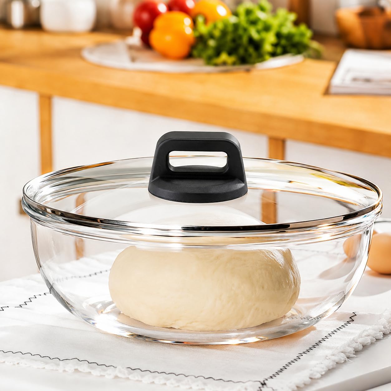 6 Qt Extra Large Glass Mixing Bowl for Sourdough Bread Making | Glass Mixing Bowl for Sourdough Bread with Lid Clear Breads Proofing Bowl with Covers Ideal for Kitchen Storage