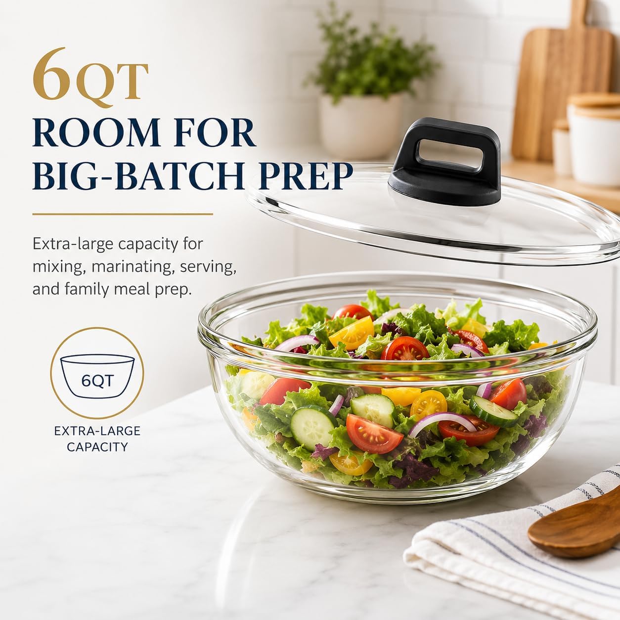 6 Qt Extra Large Glass Mixing Bowl for Sourdough Bread Making | Glass Mixing Bowl for Sourdough Bread with Lid Clear Breads Proofing Bowl with Covers Ideal for Kitchen Storage