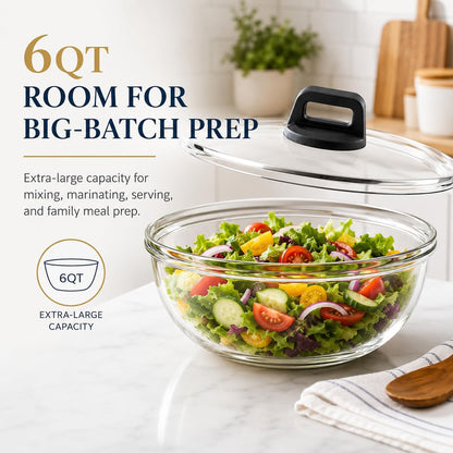 6 Qt Extra Large Glass Mixing Bowl for Sourdough Bread Making | Glass Mixing Bowl for Sourdough Bread with Lid Clear Breads Proofing Bowl with Covers Ideal for Kitchen Storage